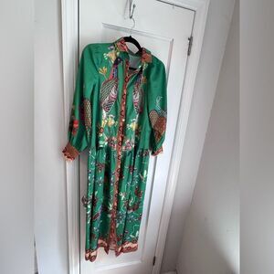 🦚 Alemais-Inspired Green Shirt Dress – EUC – Fall Birds + Button Front 🦚